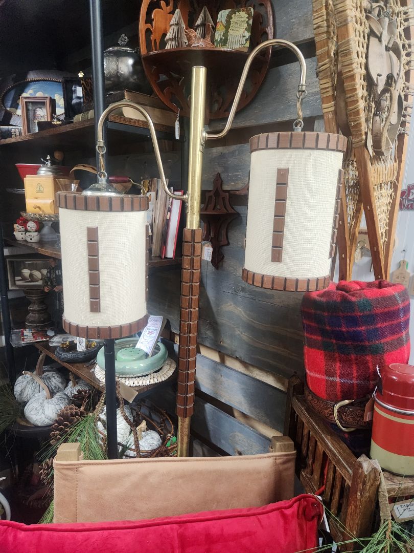 MCM Floor Lamp - Double Lanterns Wood/Brass tone