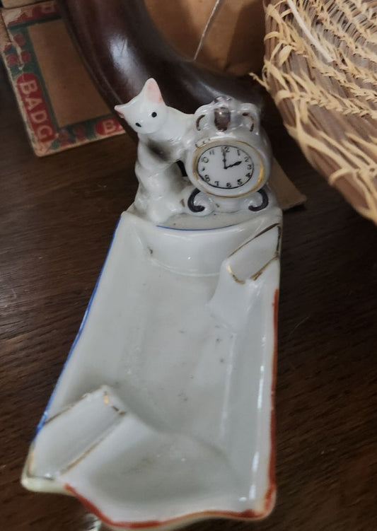 Vintage Ceramic Ash Tray w/Cat and Clock
