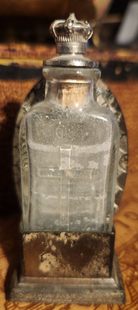 Antique Holy Water Bottle in Metal Holder