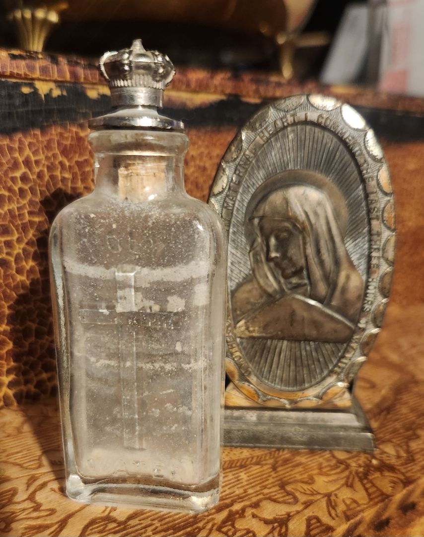 Antique Holy Water Bottle in Metal Holder