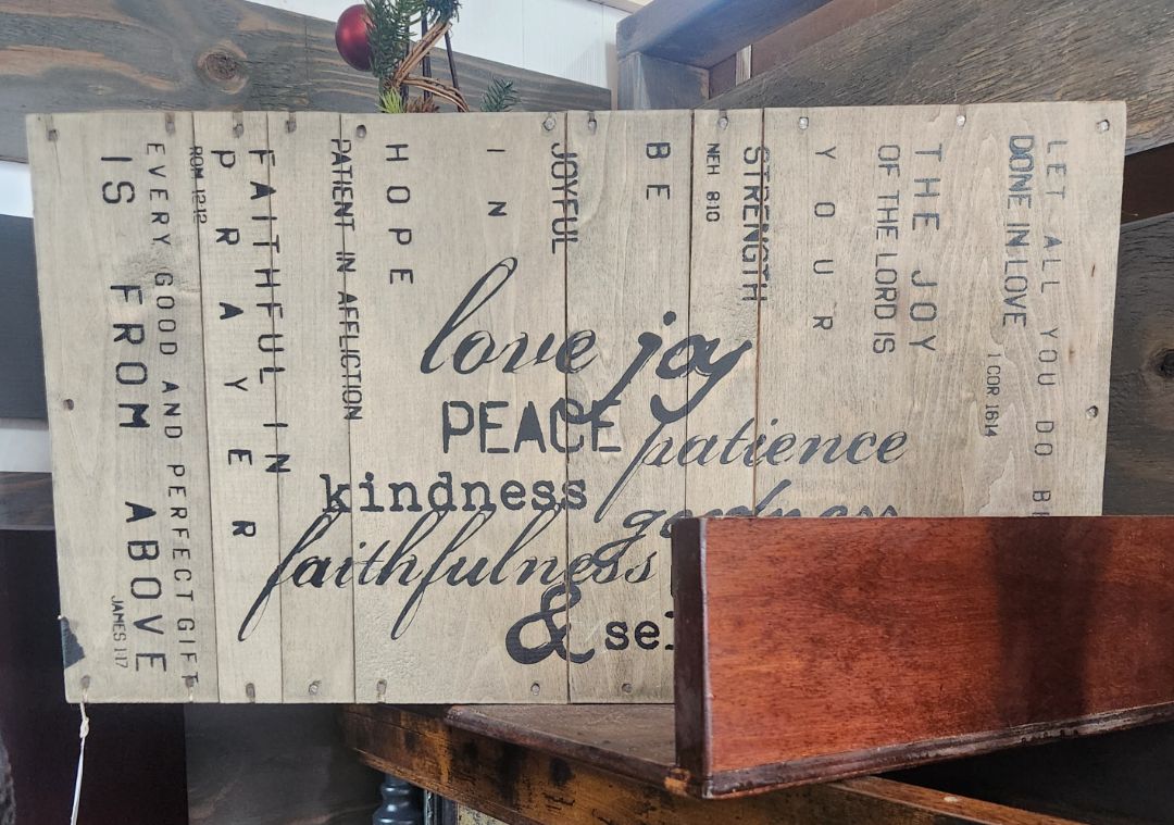 Wood Sign - love, joy, peace, kindness ...