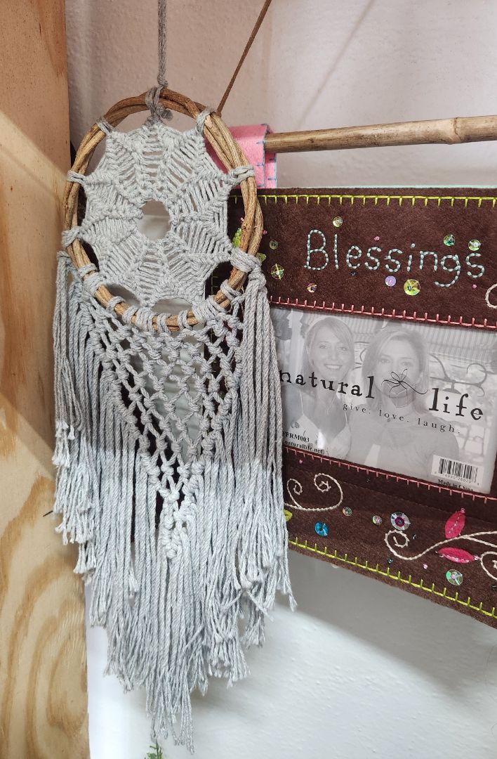 Small Grey Hanging Macrame on Wrapped Twig