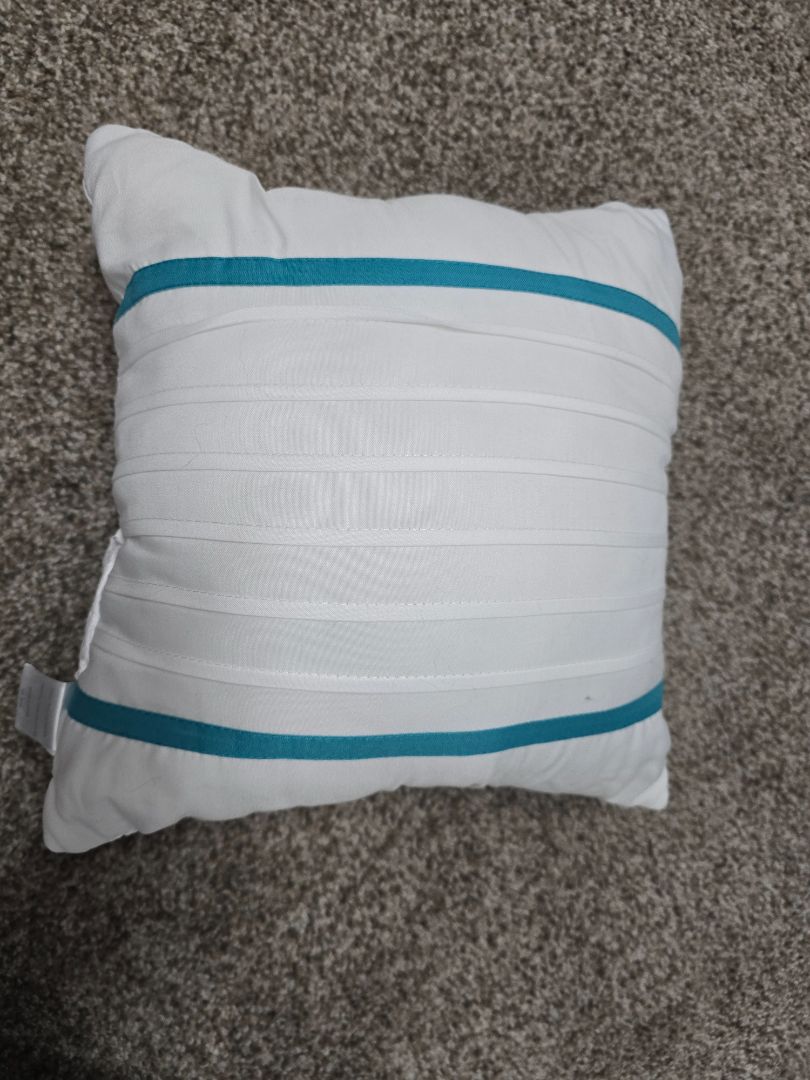 White w/ Teal Stripe  Decor Pillow, 14" x 14"