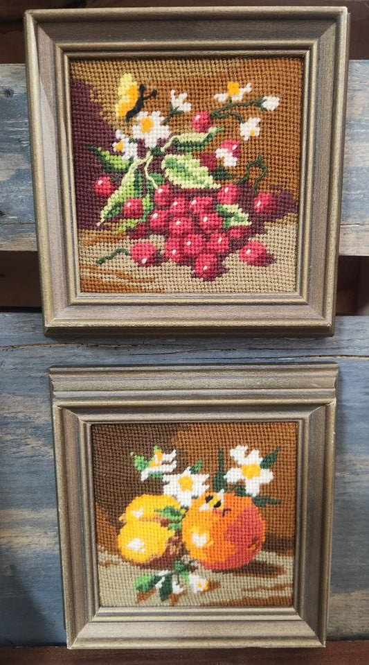 Framed Needlepoint Fruit Pictures Vintage