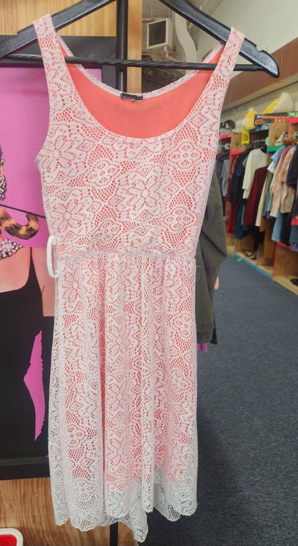 White Lace/Light Orange Underlay No Belt  Lace Dress w/Light Orange Underlay
