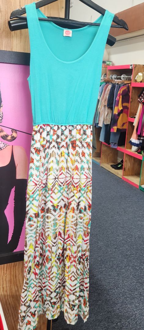 Teal top w/Patterned Bottom J&M Maxi Dress