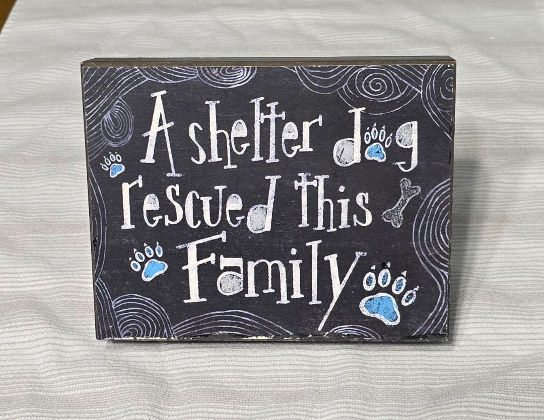 Black w/ Blue Paws Shelter Dog Rescued Decor, 7" x 5.5"