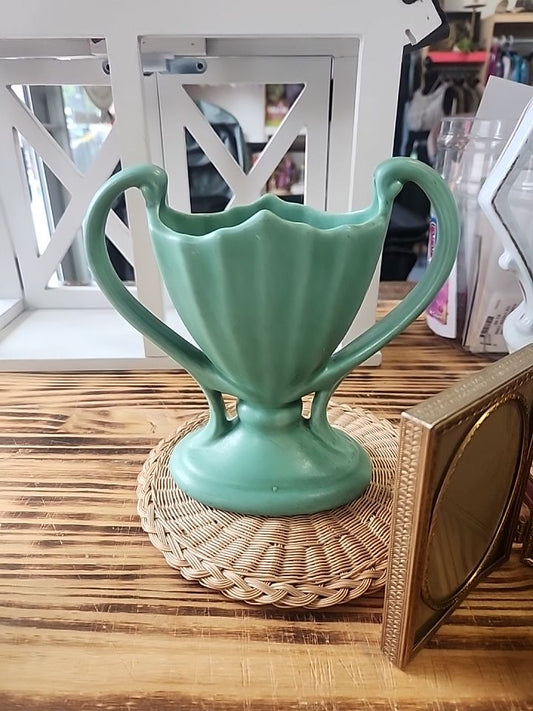 Vintage Matte Green Ribbed Double Handle Vase