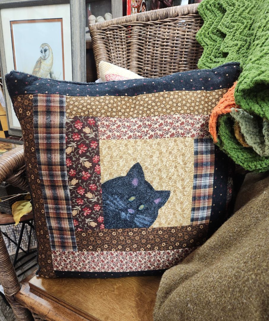 Grandma Core Quilted Pillow w/Felt Cat, DCH Family LLC