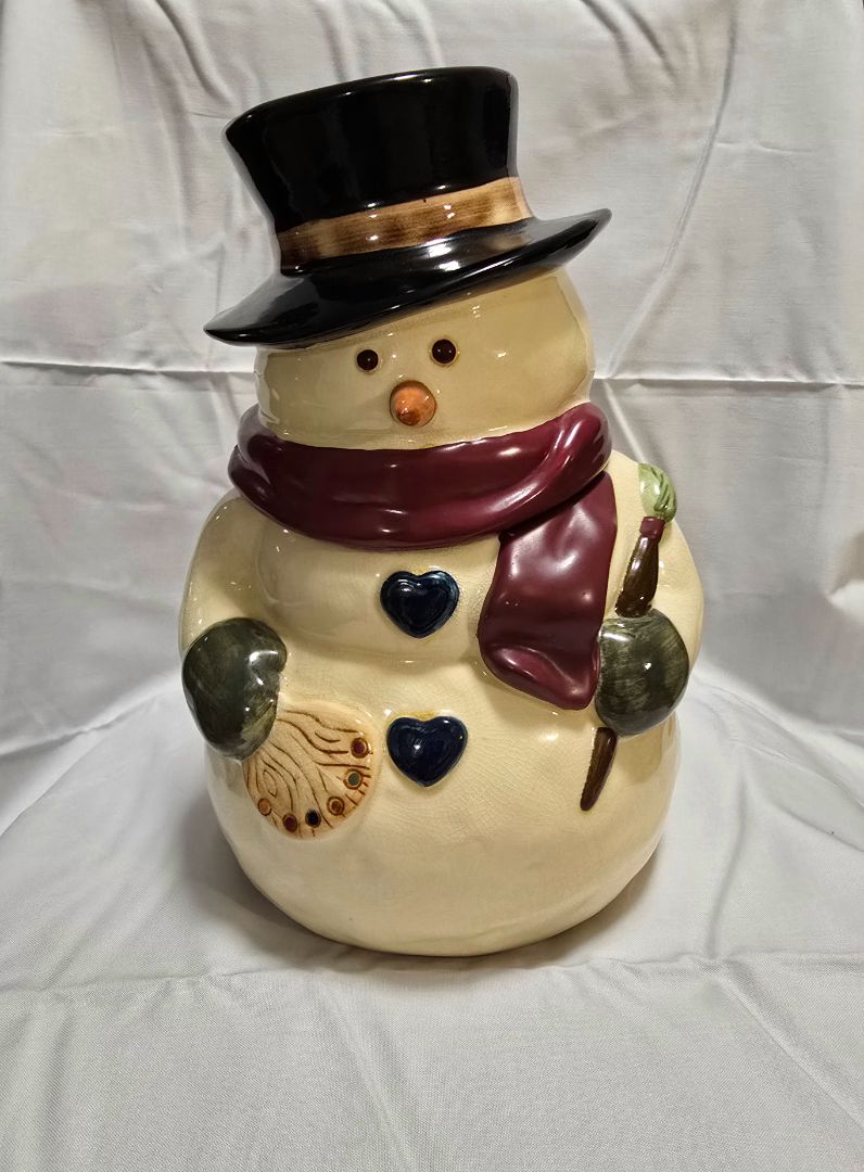 1990 Russ Berrie & Co Artist Snowman Cookie Jar,Cream, Megan P's Closet