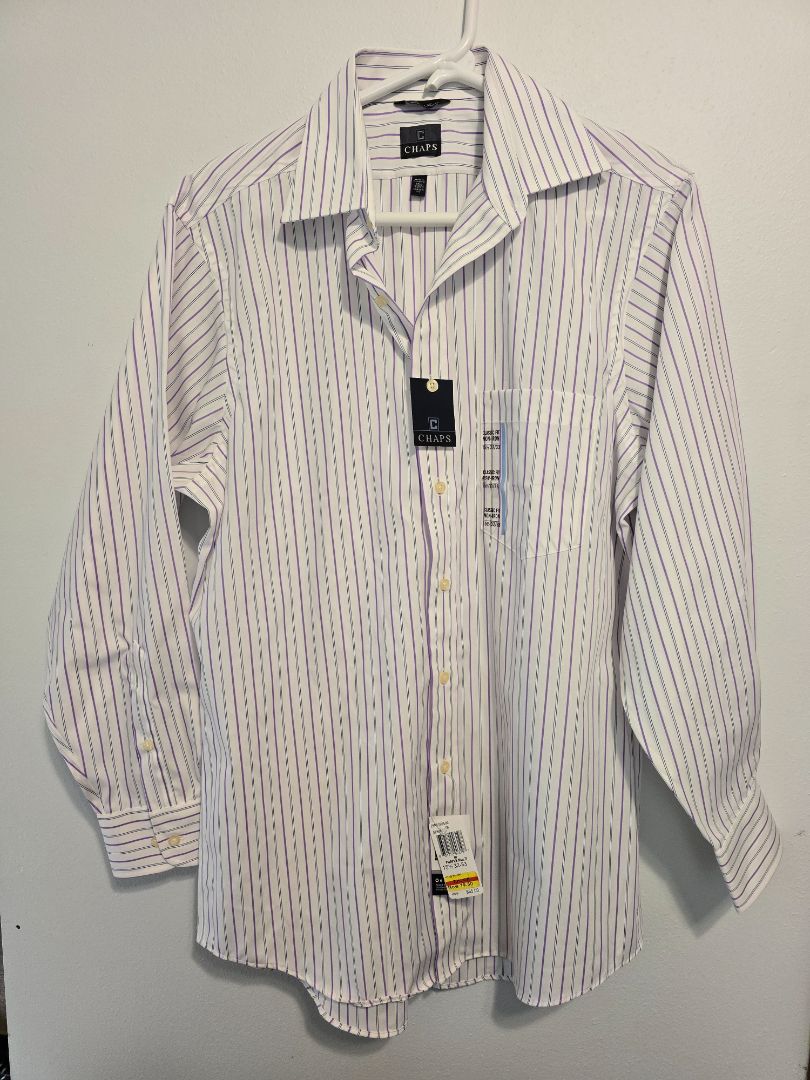 CHAPS Mens Collared Long Sleeve, 15 1/2  32/33,White w/ Purple/Blue Stripes, Megan P's Closet