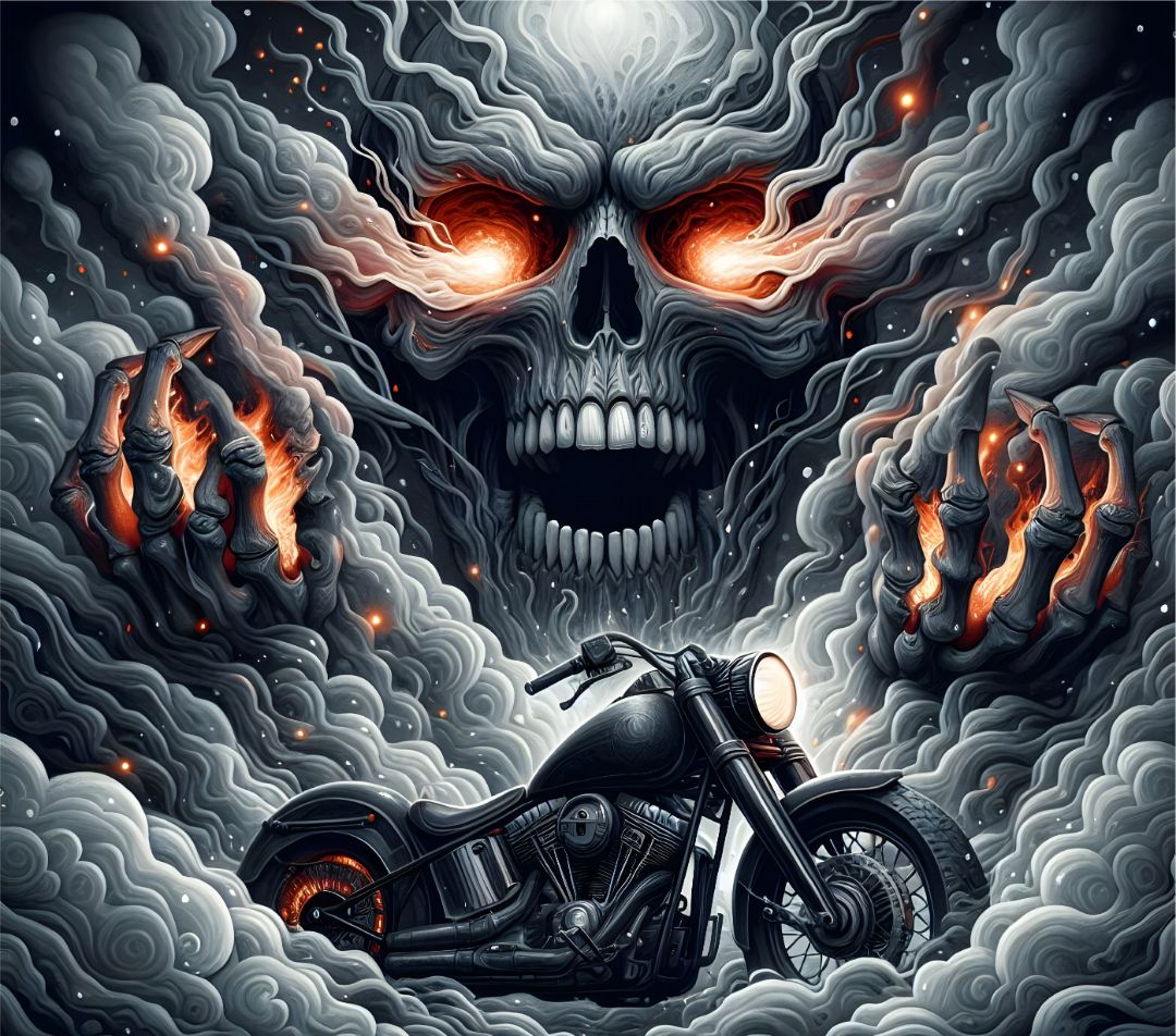 Tumbler 20 oz SKULLS with flames and a motorcycle, 20 OZ, Marsha's Crafts