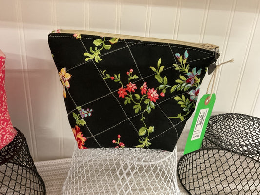 Black flowered  Makeup Bag, Medium