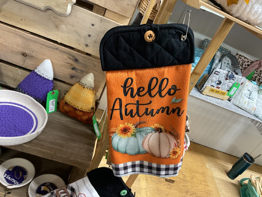 Black “Hello Autumn” Kitchen Towel w/ Pot Holder