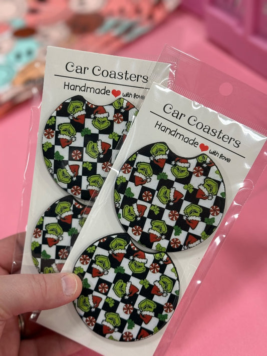Grinch Checkered  Car Coasters, Car Coaster