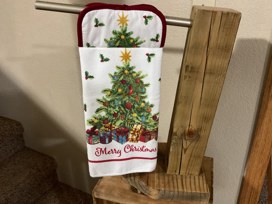 Maroon Merry Christmas Tree Kitchen Towel w/ Pot Holder