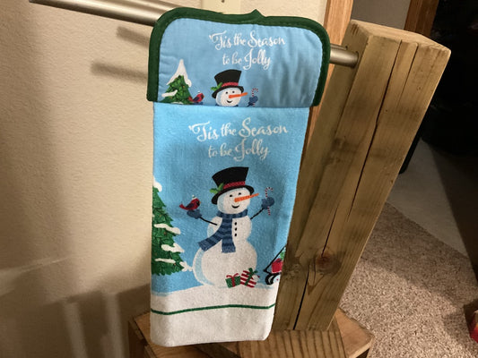 Green/light Blue “‘‘Tis the Season to be Jolly” Kitchen Towel w/ Pot Holder
