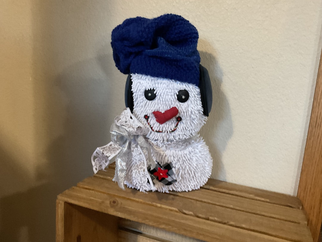 Royal Blue Hat w/Ear Muffs  Fabric Snowman, Large