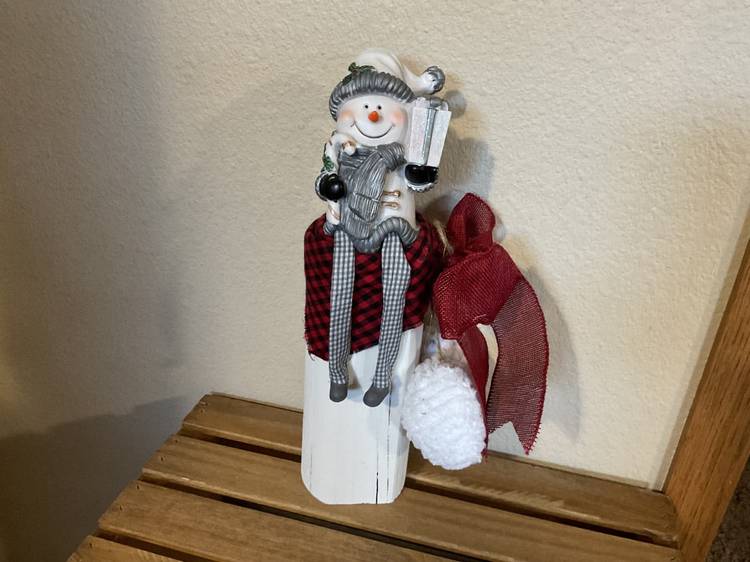Gray w/red -black checkered  Snowman on Wood, Small