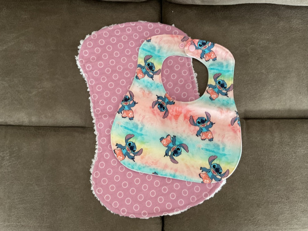 Pink/blue  “Stitch” Baby Bib w/ 1 Burp Cloth, Small