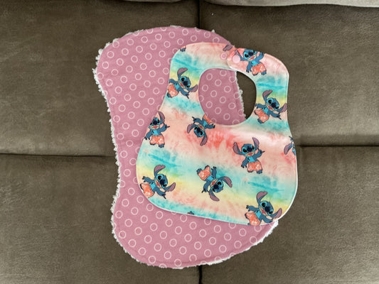 Pink/blue  “Stitch” Baby Bib w/ 1 Burp Cloth, Small
