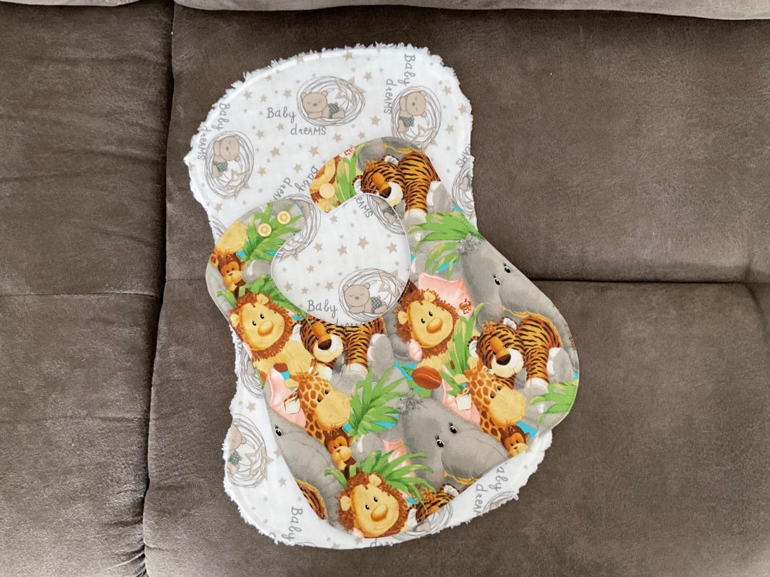 Brown/ Green/Pastels Jungle Theme/ Baby Dreams Baby Bib w/ 1 Burp Cloth, Small