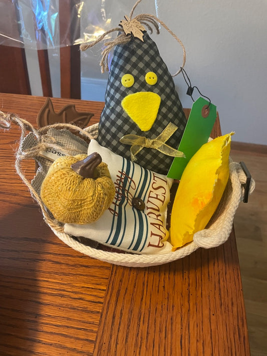 (Fall-crow Deco) Rope Basket Centerpiece, Medium