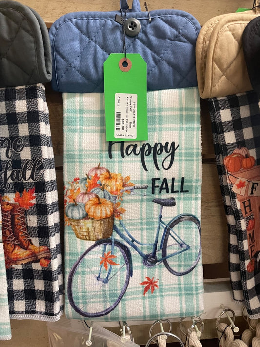 Black “Happy Fall” Kitchen Towel w/ Pot Holder