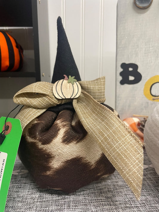 Brown & Cream  Fabric Pumpkin w/Witch Hat, Medium
