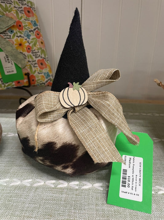 Brown & Cream  Fabric Pumpkin w/Witch Hat, Medium