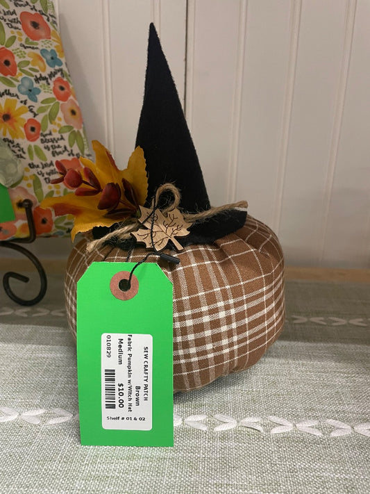 Brown  Fabric Pumpkin w/Witch Hat, Medium