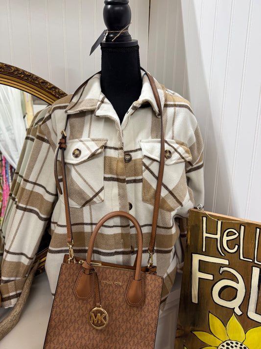 brown love tree shacket plaid