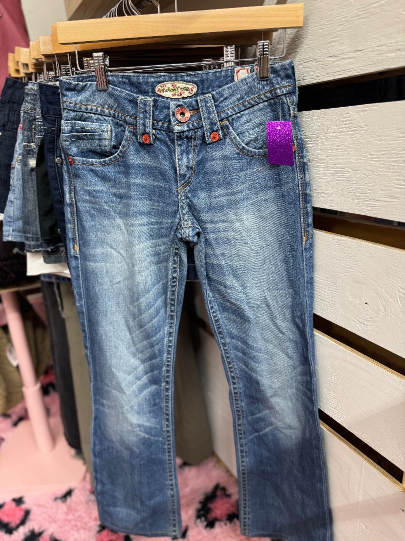 Blue Indian rose Retro girl denim pants, small