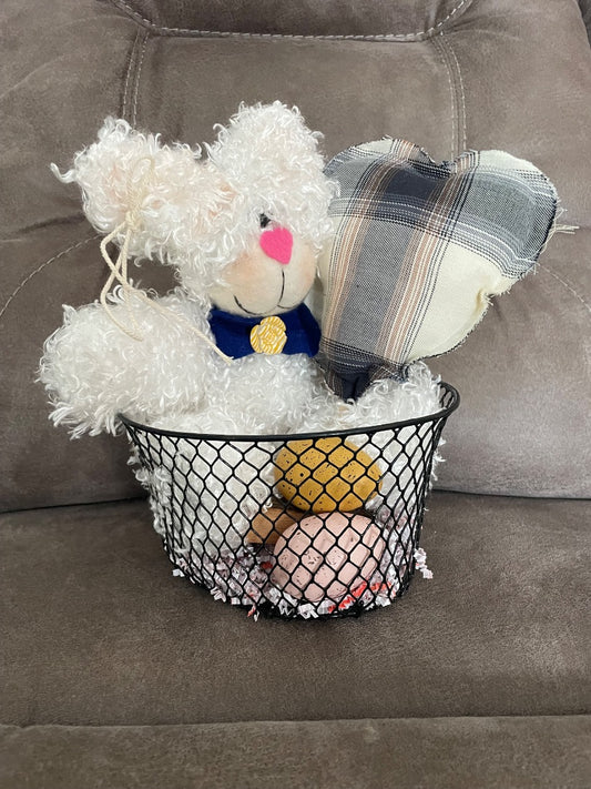 White Fabric Bunny in Basket, Medium