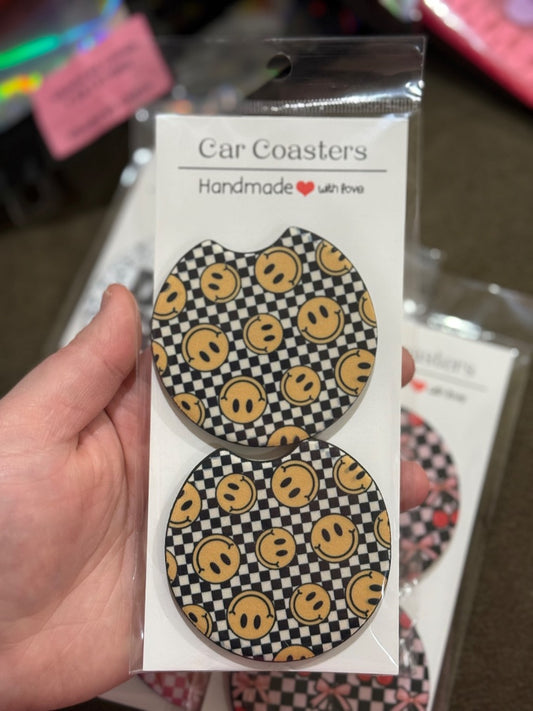 Checkered Smiley  Car Coasters, Car Coaster