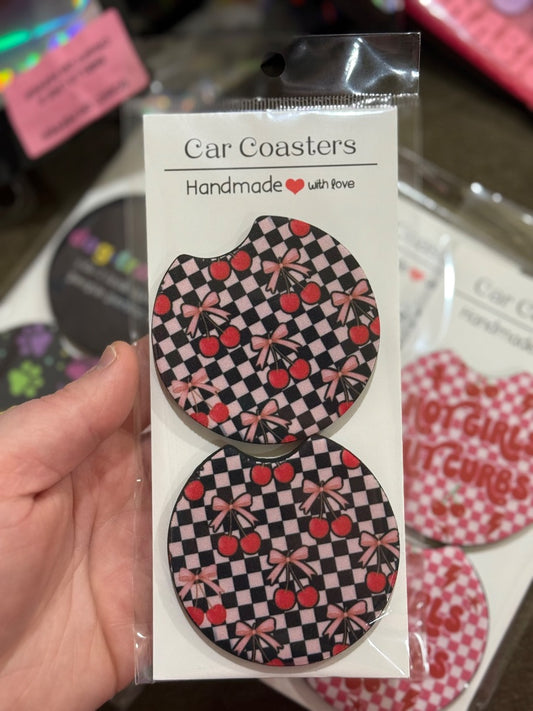 Checkered Cherry  Car Coasters, Car Coasters