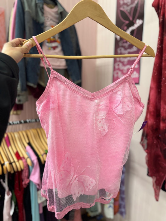 Pink Honey punch Butterfly lace top, medium