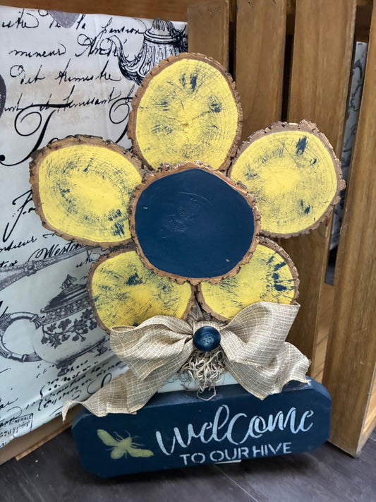 Yellow “welcome to our Hive” Wood Sunflower, Medium