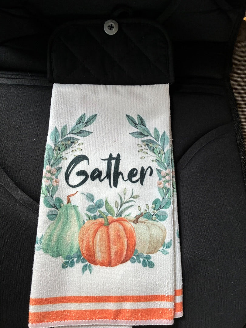 Black “Gather” Kitchen Towel w/ Pot Holder