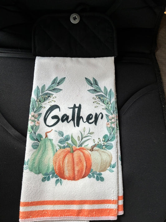 Black “Gather” Kitchen Towel w/ Pot Holder