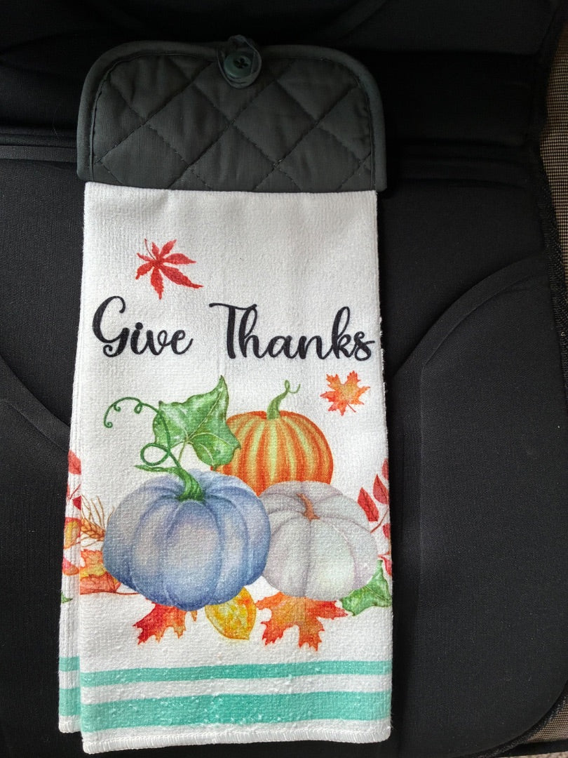 Gray “Give Thanks” Kitchen Towel w/ Pot Holder