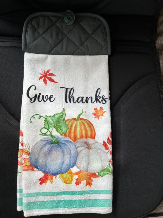 Gray “Give Thanks” Kitchen Towel w/ Pot Holder
