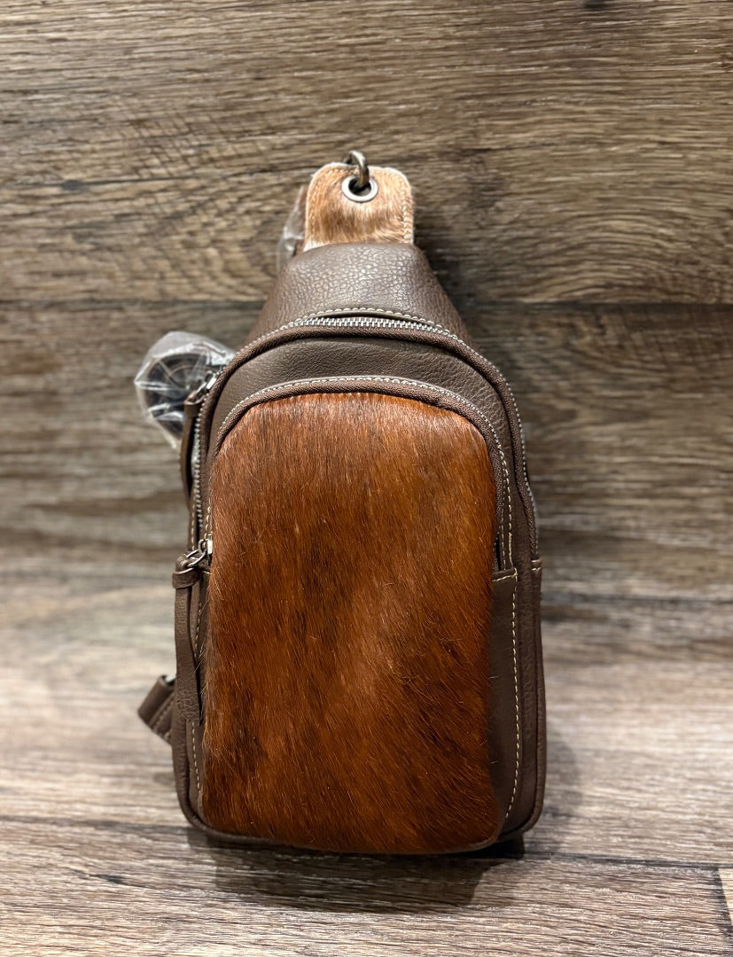 Brown Montana West Cowhide and leather sling bag