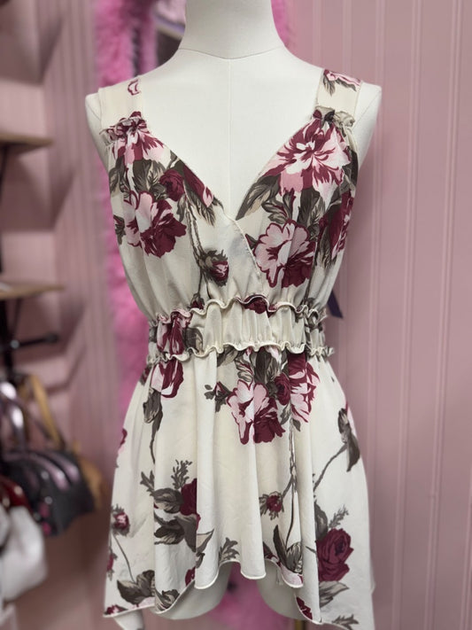 White/purple kiwi floral girly top, large