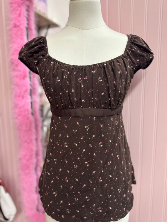 Brown Hollister floral babydoll top, medium