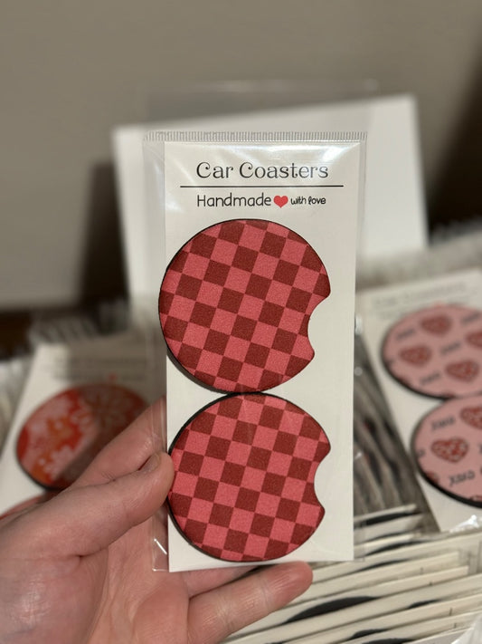 Pink Red Checkered  Car Coasters, Car Coaster