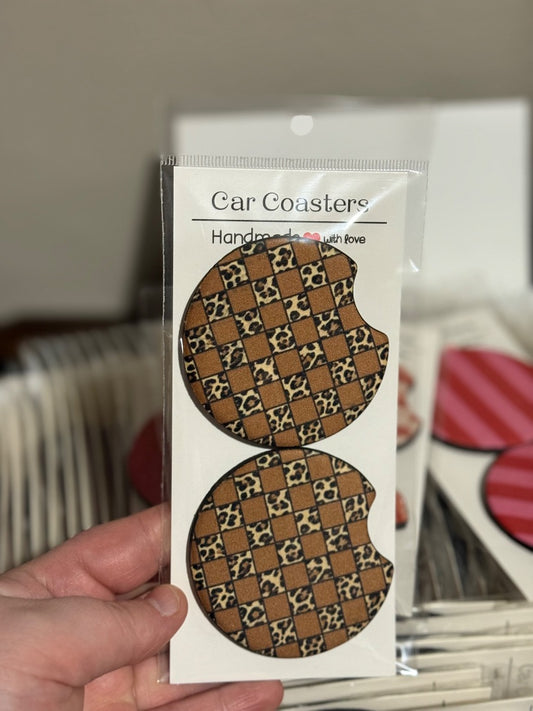 Leopard Checkered  Car Coasters, Car Coaster