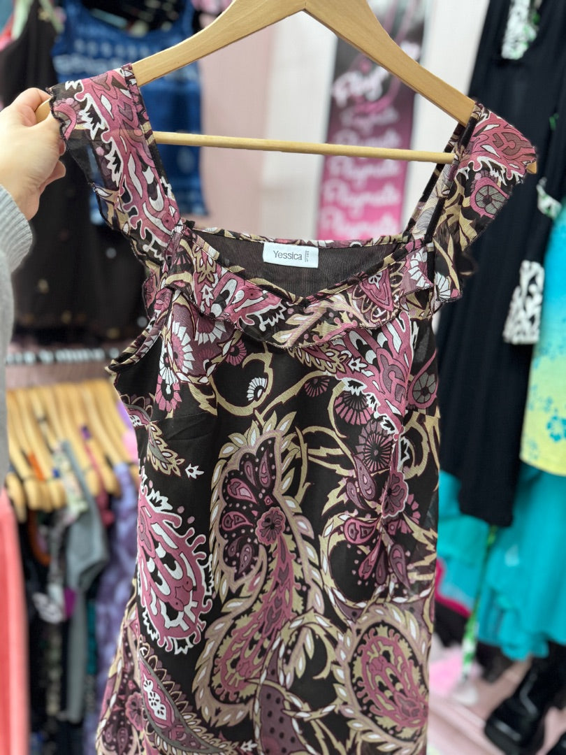 Purple/brown Yessica ruffle paisley top, large