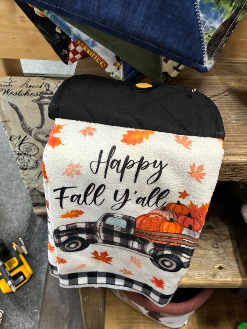 Happy fall yall Kitchen Towel w/ Pot Holder,Black, Sew Crafty Patch