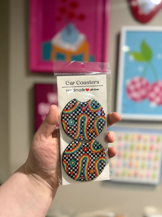 Rainbow Checkered  Car Coasters